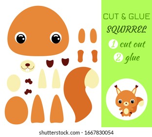 Cut and glue baby sitting squirrel. Color paper application game. Educational paper game for preschool children. Forest animal. Cartoon character. Flat vector stock illustration.