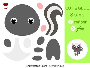 Cut and glue baby skunk. Education developing worksheet. Color paper game for preschool children. Cut parts of image and glue on paper. Cartoon character. Colorful vector stock illustration.