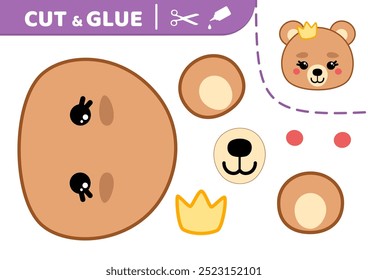 Cut and glue. Bear girl with crown. Applique. Paper education game. Cartoon. Isolated vector illustration eps 10