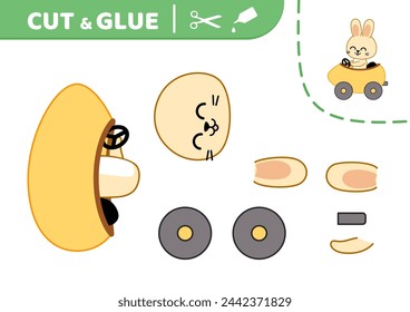 Cut and glue. Bunny driving yellow egg car. Applique. Paper game. Cartoon. Isolated vector illustration eps 10