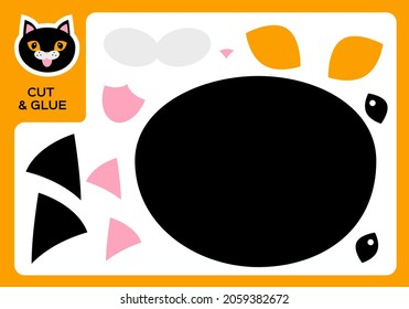 Cut and glue cartoon Black Cat. DIY Witch cat project. Worksheet for kids. Activity page. Education children. Happy Halloween game. Super motor skills. Paper craft game for children.
