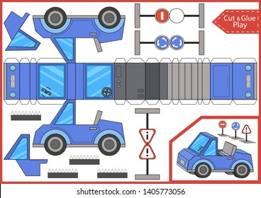 Cortar y pegar un camión de cabriolet de caricatura. Hoja de trabajo con el acertijo de la educación. Juego de arte infantil. Página de actividades de artesanía infantil. Crea tu propio camión de juguetes de papel. Ilustración vectorial.