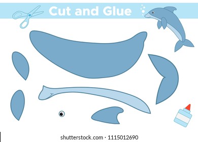 Cut and glue cartoon dolphin. Educational paper game for preschool children. Activity worksheet. Vector illustration