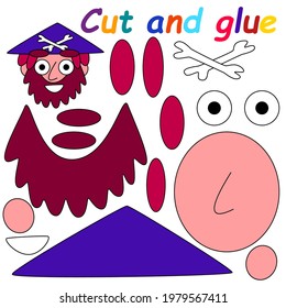 Cut and glue cartoon pirate colorful printable activity page for kids vector illustration. Funny paper game for preschool and elementary school kids with smiling pirate character