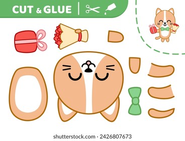 Cut and glue cat congrats by bouquet and gift. Applique. Paper education game. Cartoon, kawaii. Isolated vector illustration eps 10