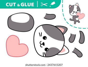 Cut and glue cat and heart. Applique. Paper game. Vector