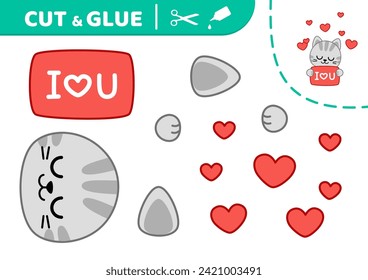 Cut and glue cat holds sign i love you. Applique. Paper game. Paper education game. Cartoon, kawaii. Isolated vector illustration eps 10