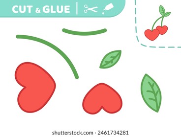 Corte y pegue. Corazón de cereza. Juego de papel. Rama de cereza. Aplique. Vector