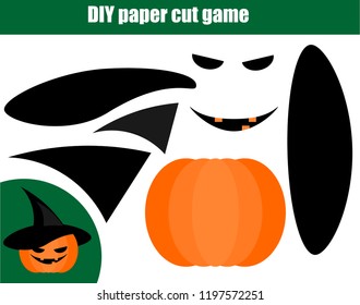 Cut and glue children educational creative tutorial game. Paper cutting activity. Make a Make a Halloween pumpkin in hat
