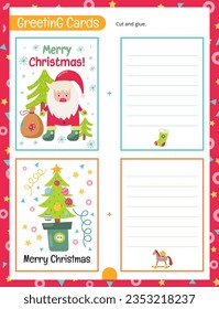 Cut and Glue Christmas Cards Activities for Kids. Page for Christmas Activity Book. Colored Vector. Kids illustration for DIY, greeting card, wrapping paper. Lettering Merry Christmas.