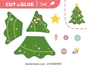 Cut and glue. Christmas tree.  Applique. Beautiful Christmas tree. Paper game. Cartoon, Isolated vector illustration eps 10