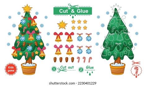 Cut and glue Christmas tree decoration toys, paper education children game. Complete picture. Decorate New year holiday fir with cones, glass balls, bells use scissors. Kid logic learning task. Vector