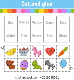 Cut and glue. Color activity worksheet for kids. Game for children. Cartoon character. Vector illustration.
