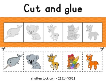Cut and glue. Color activity worksheet for kids. Game for children. Cartoon character. Vector illustration.