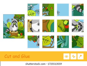 Cortar y pegar una plantilla de rompecabezas de vector colorido y aprender a jugar niños con la imagen de un mapache comiendo una manzana en un bosque. Animales salvajes, actividad educativa para niños.