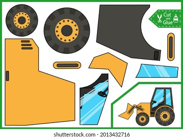 Cut And Glue The Craft Puzzle Tractor. Children Activity Page. Worksheet With A Paper Construction Vehicle. 