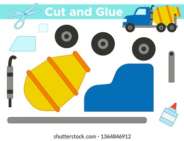 Cut and glue, create the image - vector cement mixer car. Educational paper game for kids.