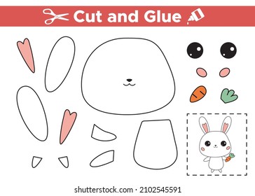 Cut and glue cute bunny with carrot. Educational paper game for children. Easter printable worksheet. Cutout and gluing to create the image. Cute cartoon kawaii rabbit. Vector illustration.