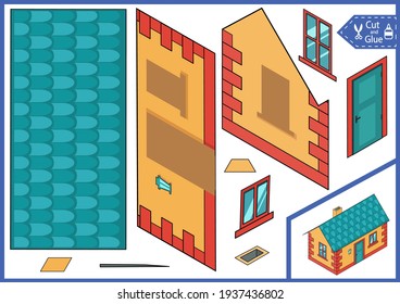 Cut and glue cute paper house. Activity page. Children crafts worksheet. Kids game. Isometric cartoon house. Vector illustration.