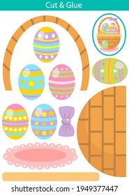 Cortar y pegar: Cesta de Pascua con huevos coloridos, arco violeta sobre servilleta rosa. Ilustración vectorial. 