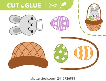 Cut and glue. Easter basket with eggs and bunny. Applique. Paper game. Cartoon. Isolated vector illustration eps 10