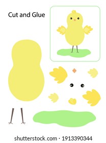 Cut and glue educational activity for children, DIY Easter chicken papercraft, simple cartoon farm animal vector illustration worksheet