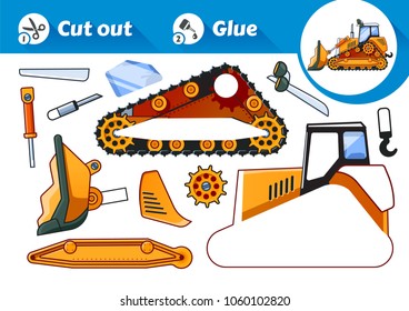 Cut and Glue is an educational game for kids. Yellow Bulldozer Side View.