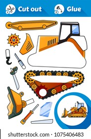 Cut and Glue is an educational game for kids. Yellow Bulldozer Side View.