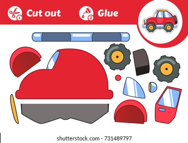 Cut & Glue - an educational game for kids. Red Car Vector EPS10