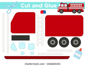 Cut and glue, educational paper game for preschool kids. Cartoon fire engine truck.