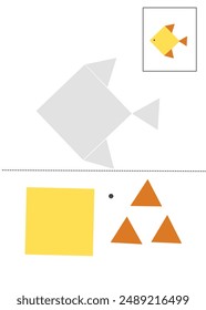 Cut and glue fish activity, geometric shapes worksheet for kindergarten, summer worksheet printable for kids 