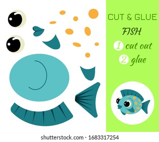 Cut and glue fish. Color paper application game. Educational paper game for preschool children. Cartoon character. Flat vector stock illustration.