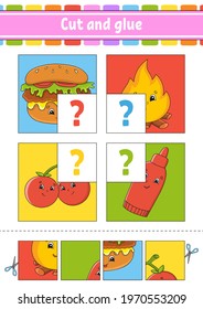 Cut and glue. flash card Set. Color puzzle. Education developing worksheet. Activity page. Game for children. Funny character. Isolated vector illustration. Cartoon style.