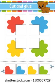 Cut and glue. Four flash cards. Color puzzle. Education developing worksheet. Activity page. Game for children. Funny character. Isolated vector illustration. Cartoon style.