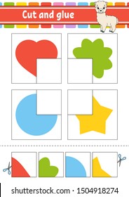 Cut and glue. Four flash cards. Color puzzle. Education developing worksheet. Activity page. Game for children. Funny character. Isolated vector illustration. Cartoon style.