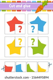 Cut and glue. Four flash cards. Color puzzle. Education developing worksheet. Activity page. Game for children. Funny character. Isolated vector illustration. Cartoon style.