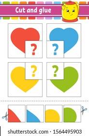 Cut and glue. Four flash cards. Color puzzle. Education developing worksheet. Activity page. Game for children. Funny character. Isolated vector illustration. Cartoon style.