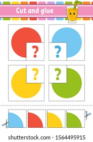 Cut and glue. Four flash cards. Color puzzle. Education developing worksheet. Activity page. Game for children. Funny character. Isolated vector illustration. Cartoon style.