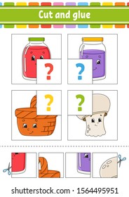 Cut and glue. Four flash cards. Color puzzle. Education developing worksheet. Activity page. Game for children. Funny character. Isolated vector illustration. Cartoon style.