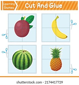 Cortar Y Pegar Frutas. Educación Desarrollando Juego De Hoja De Trabajo Para Niños. Actividad Para Niños Y Niños De Edad Preescolar. Ilustración vectorial. Juego de aprendizaje