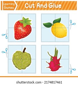 Cortar Y Pegar Frutas. Educación Desarrollando Juego De Hoja De Trabajo Para Niños. Actividad Para Niños Y Niños De Edad Preescolar. Ilustración vectorial. Juego de aprendizaje