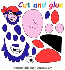 Cut and glue game with cartoon pirate vector illustration. Cut all pieces and make pirate by glue and paper. Funny pirate paper craft game for boys