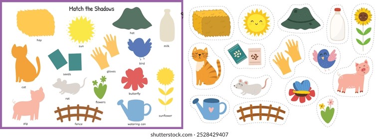 Cut and glue game with cute farm characters and objects. Educational activity page for kids. Matching game for school and preschool. Vector illustration