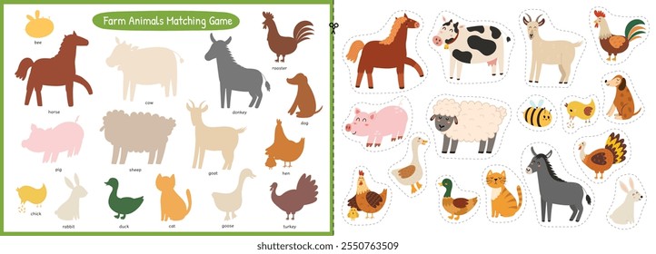 Corte e cola jogo com animais de fazenda bonitos. Página de atividade educacional para crianças. Na fazenda jogo de correspondência para a escola e pré-escola. Ilustração vetorial