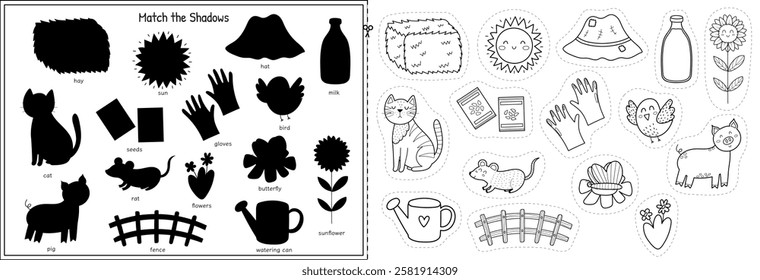 Cut and glue game with cute farm characters and objects in outline. Educational black and white activity page for kids. Matching game for school and preschool. Vector illustration
