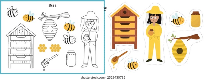 Juego de corte y pegamento con linda niña apicultora y abejas. Página de actividad educativa para niños. Juego a juego para la escuela y preescolar. Ilustración vectorial