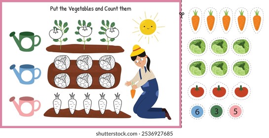 Cortar y pegar el juego con una linda niña agricultora y verduras. Haga coincidir la página de actividad educativa de verduras para niños. Juego para la escuela y preescolar. Ilustración vectorial