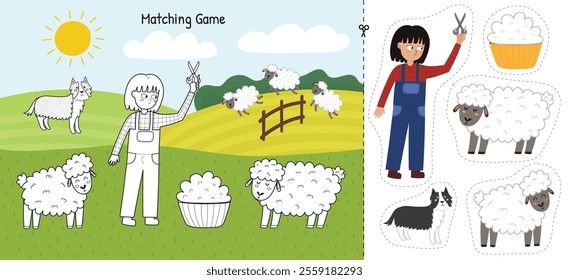 Cut and glue game with a cute girl shearing sheep and making wool on a green meadow. Educational activity page. Matching game for kids. Vector illustration