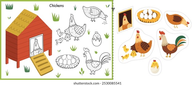 Juego de corte y pegamento con gallinas lindas, gallos y pollitos. Página de actividad educativa para niños. Juego a juego para la escuela y preescolar. Ilustración vectorial