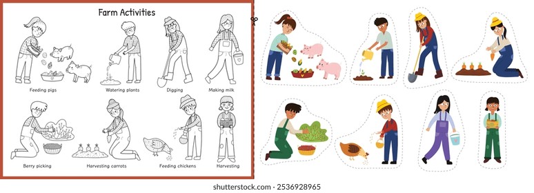 Juego de cortar y pegar con niños lindos que hacen diferentes actividades agrícolas. Página de actividades educativas para niños. Juego para la escuela y preescolar. Ilustración vectorial